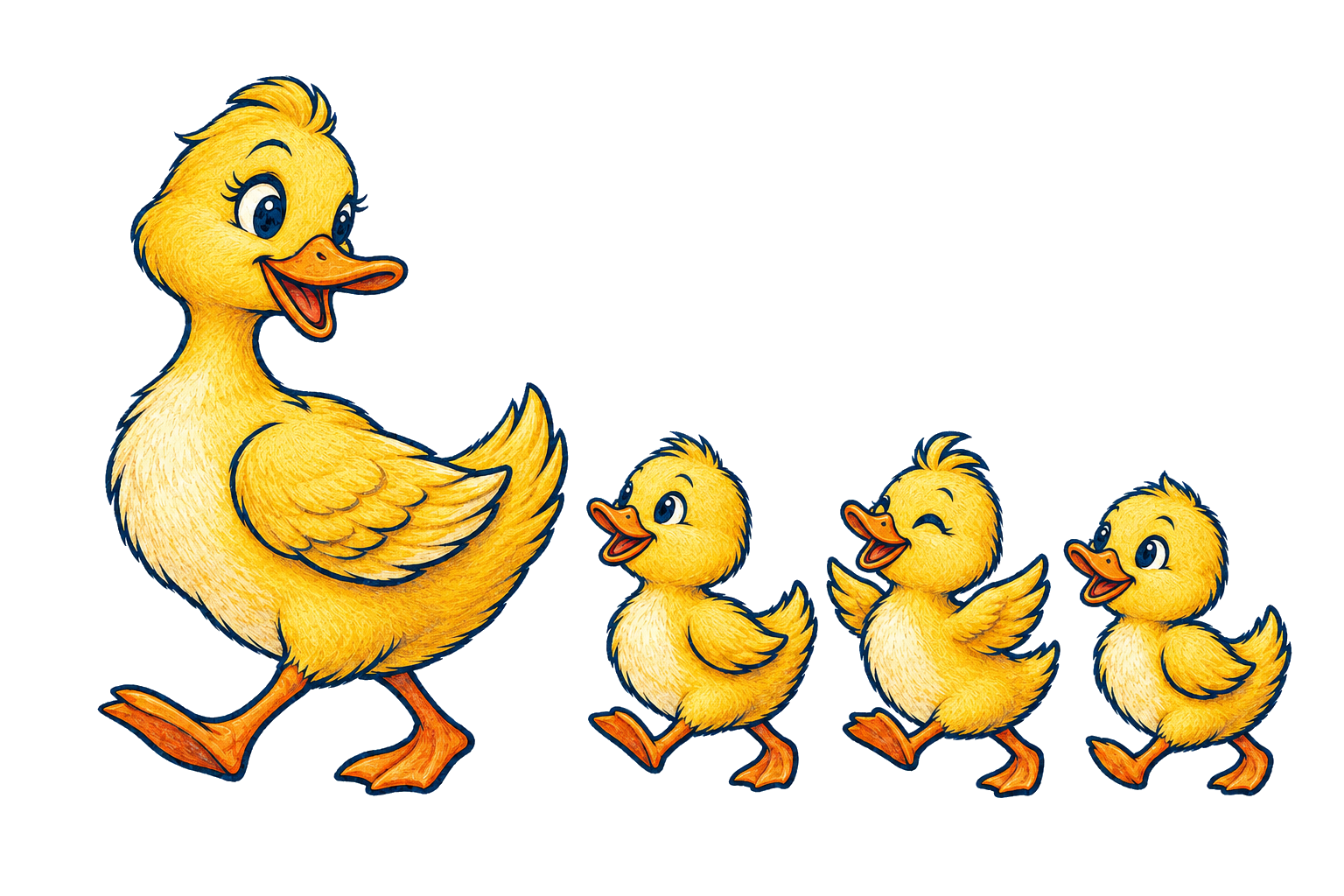 Mama duck leading three ducklings